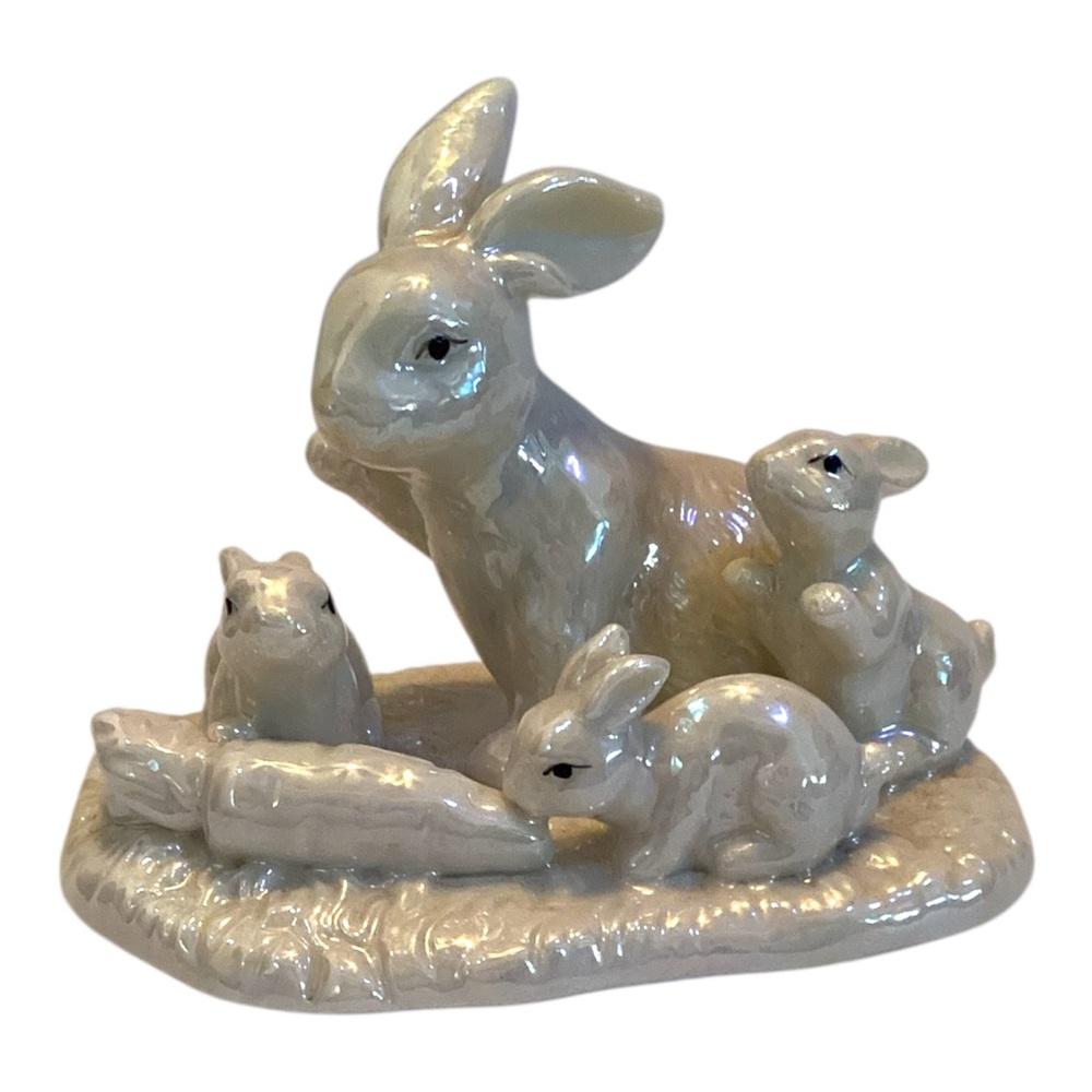 Vintage Porcelain Rabbit Family Figurine – Iridescent Luster Finish